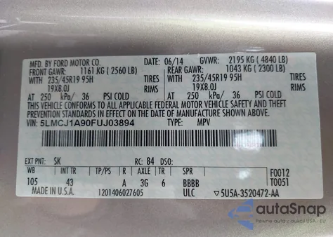 2015 Lincoln Mkc из США, поврежденный, VIN 5LMCJ1A90FUJ03894